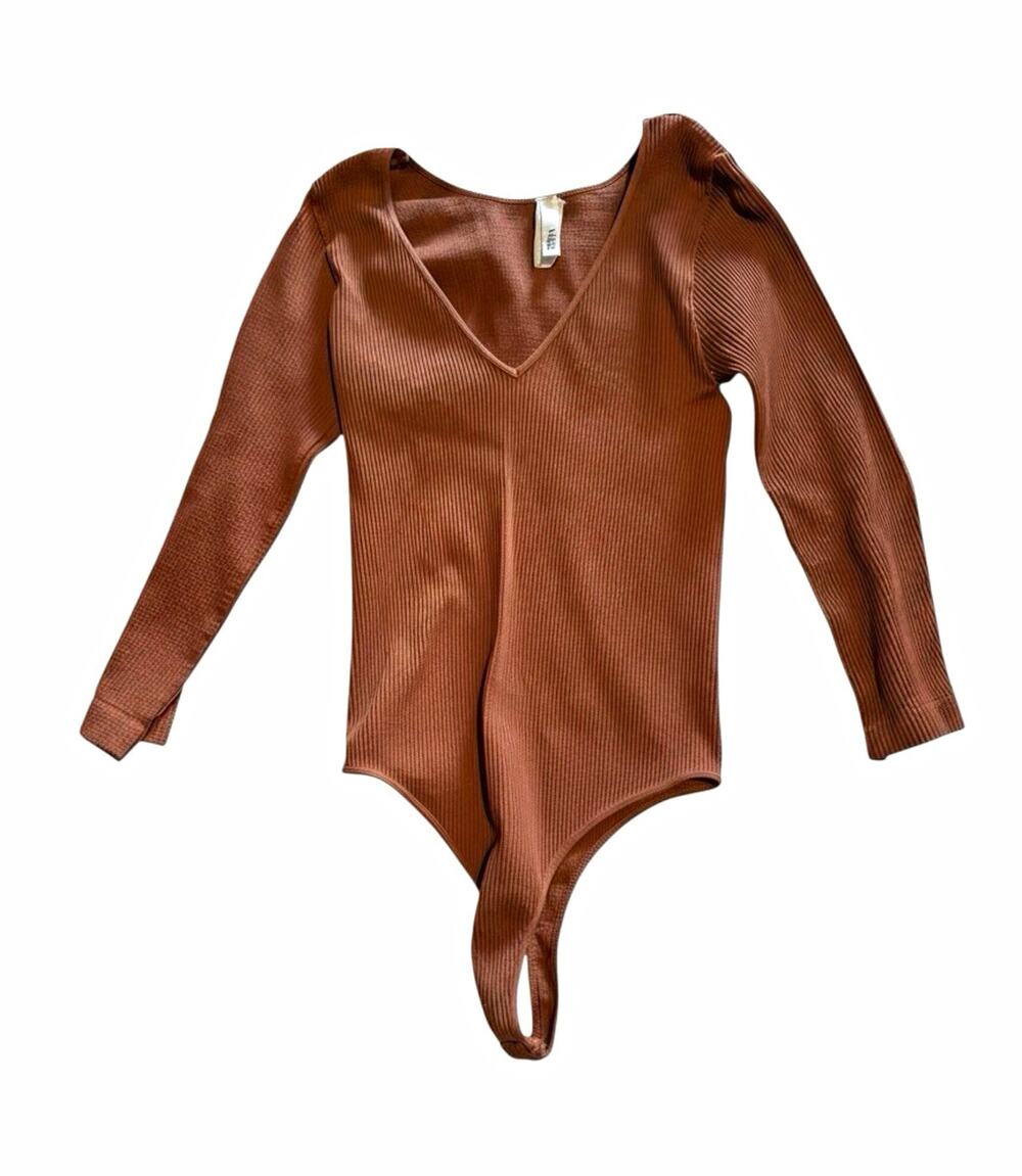 Nikibiki Ribbed Long Sleeve V-Neck Bodysuit, Brown One Size Stretch Opaque